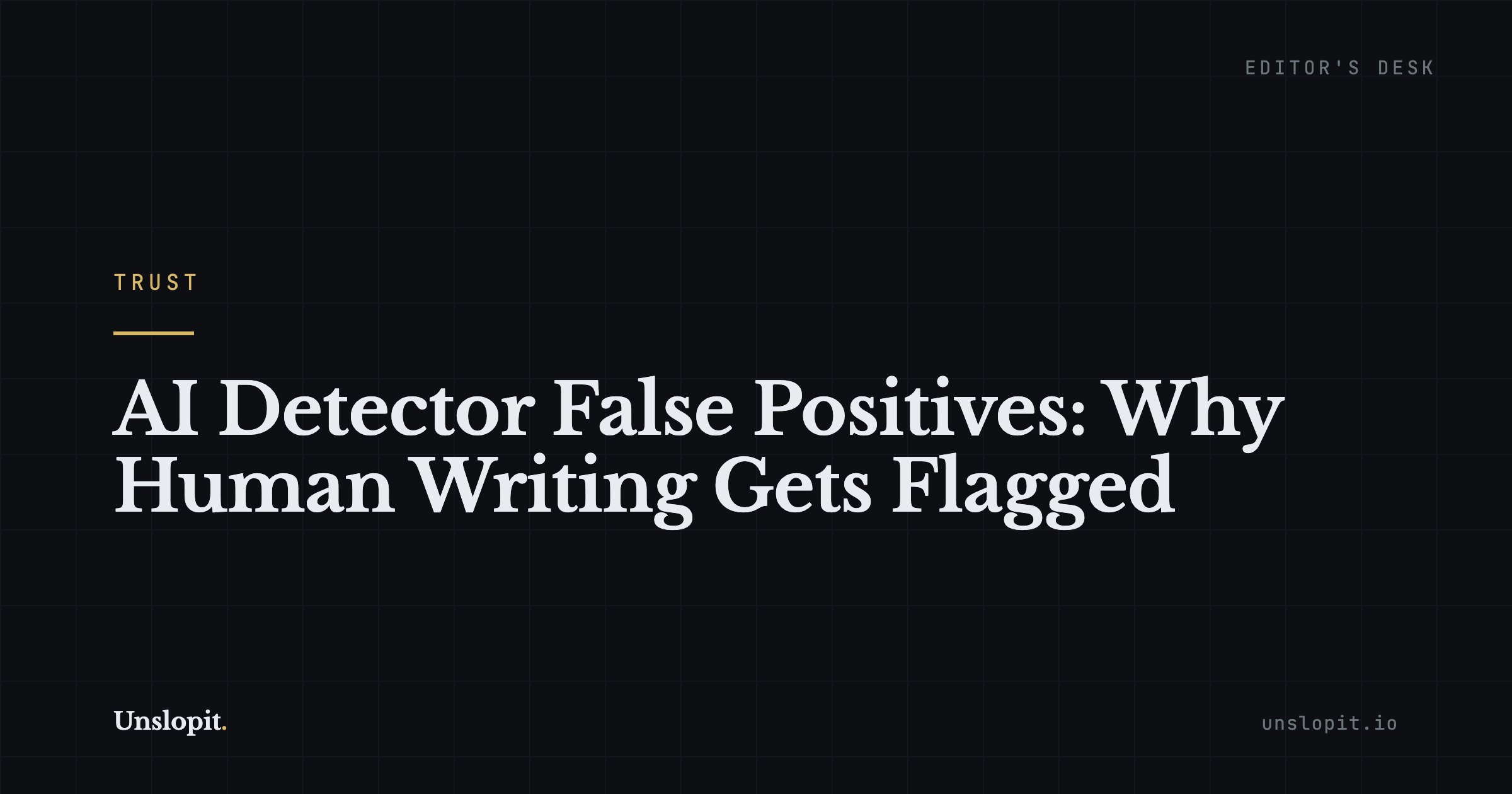 Dark editorial title card reading AI Detector False Positives, Unslopit