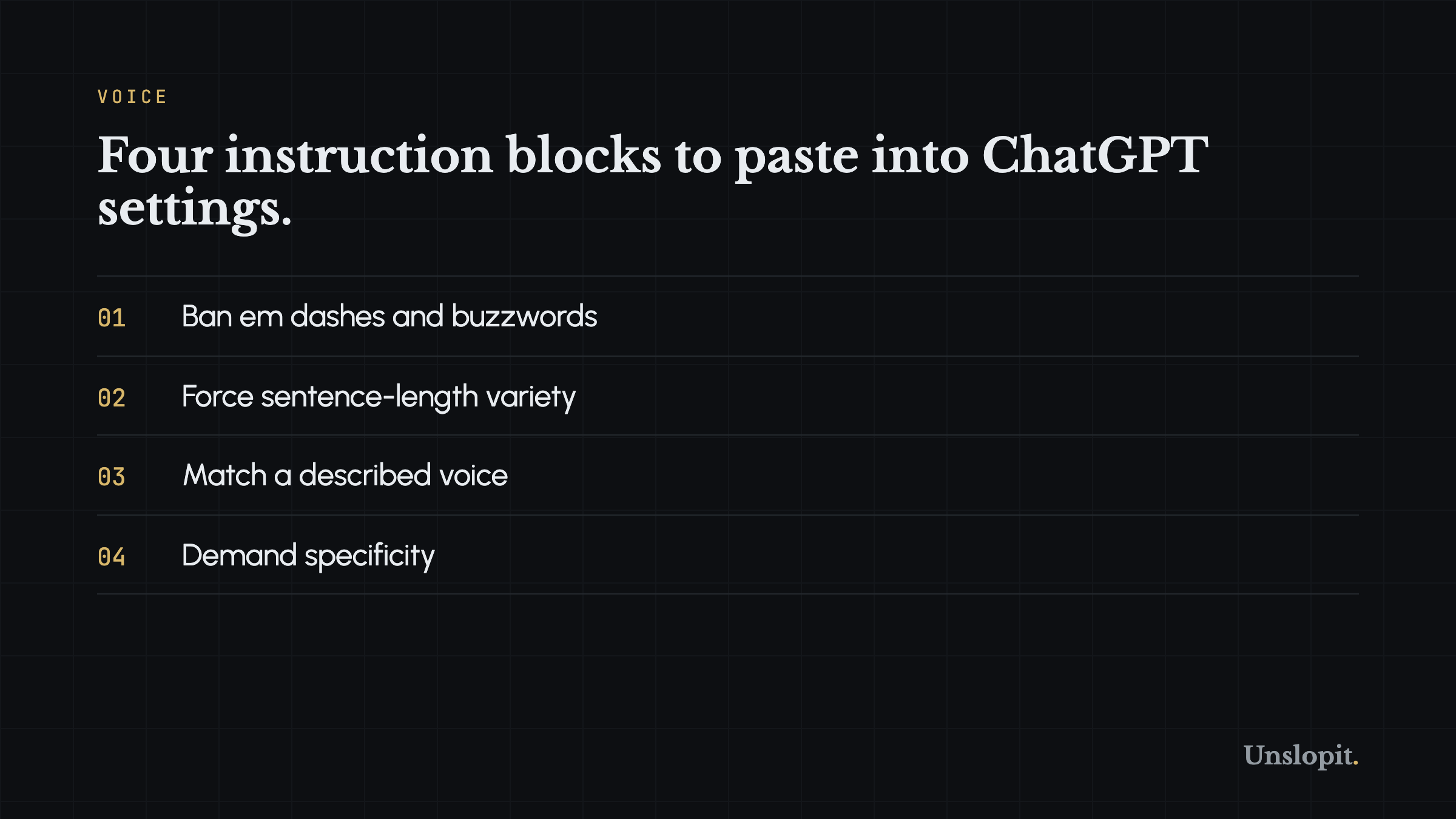 Card listing the custom instruction blocks provided in the article