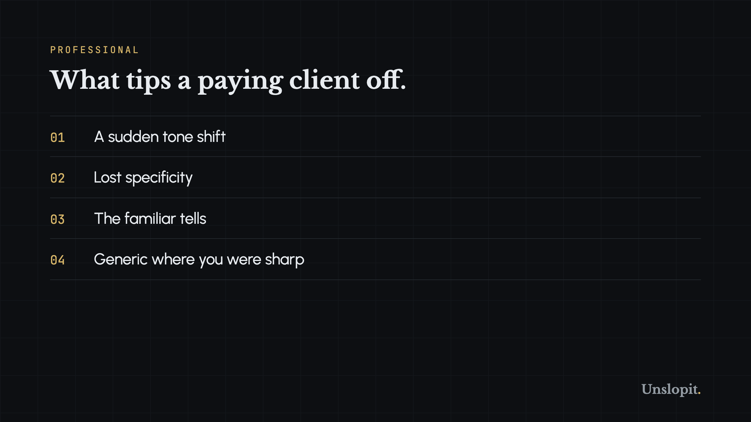 Card listing what tips clients off that you used AI