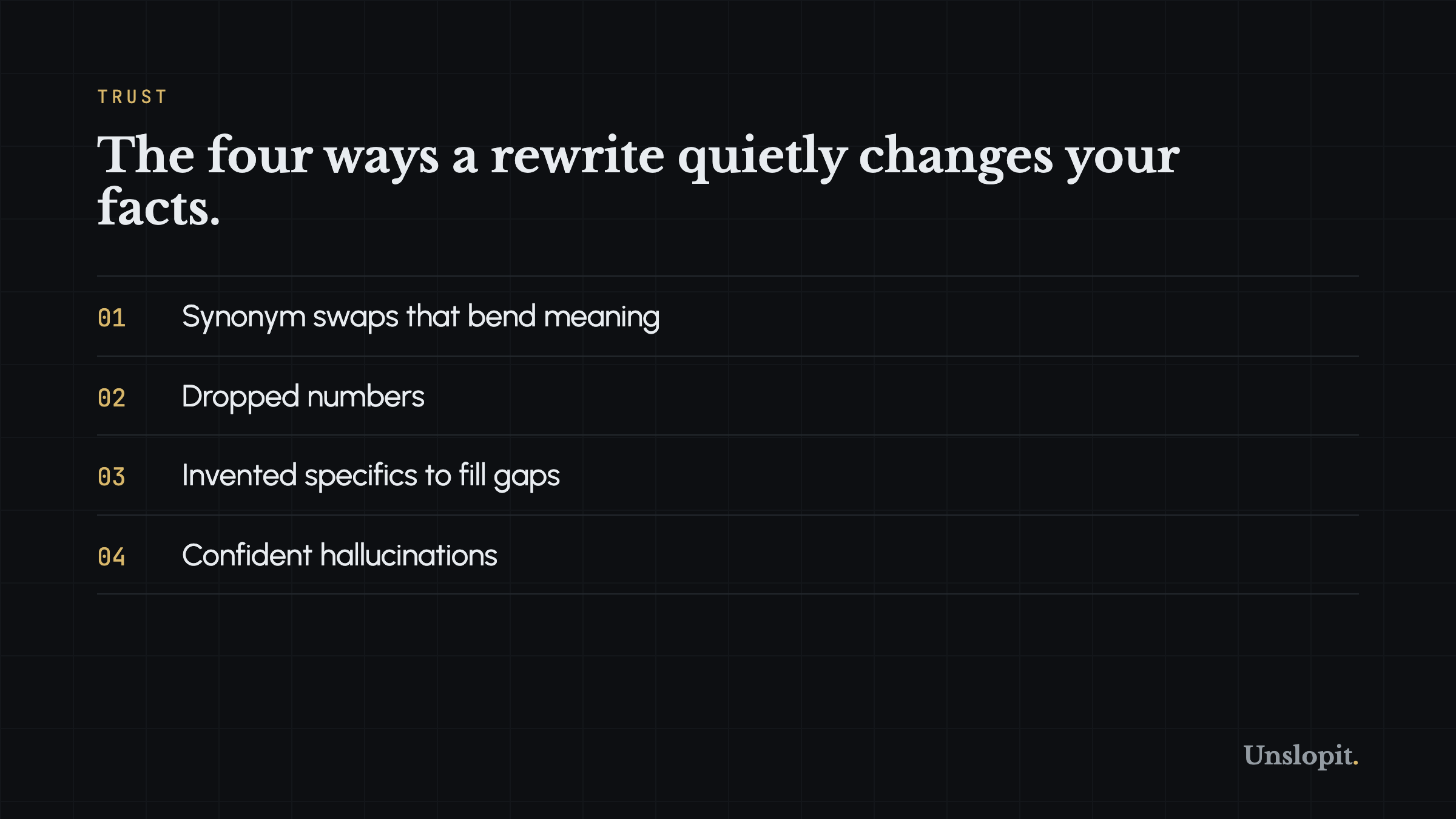 Card showing the ways AI rewriting drifts facts