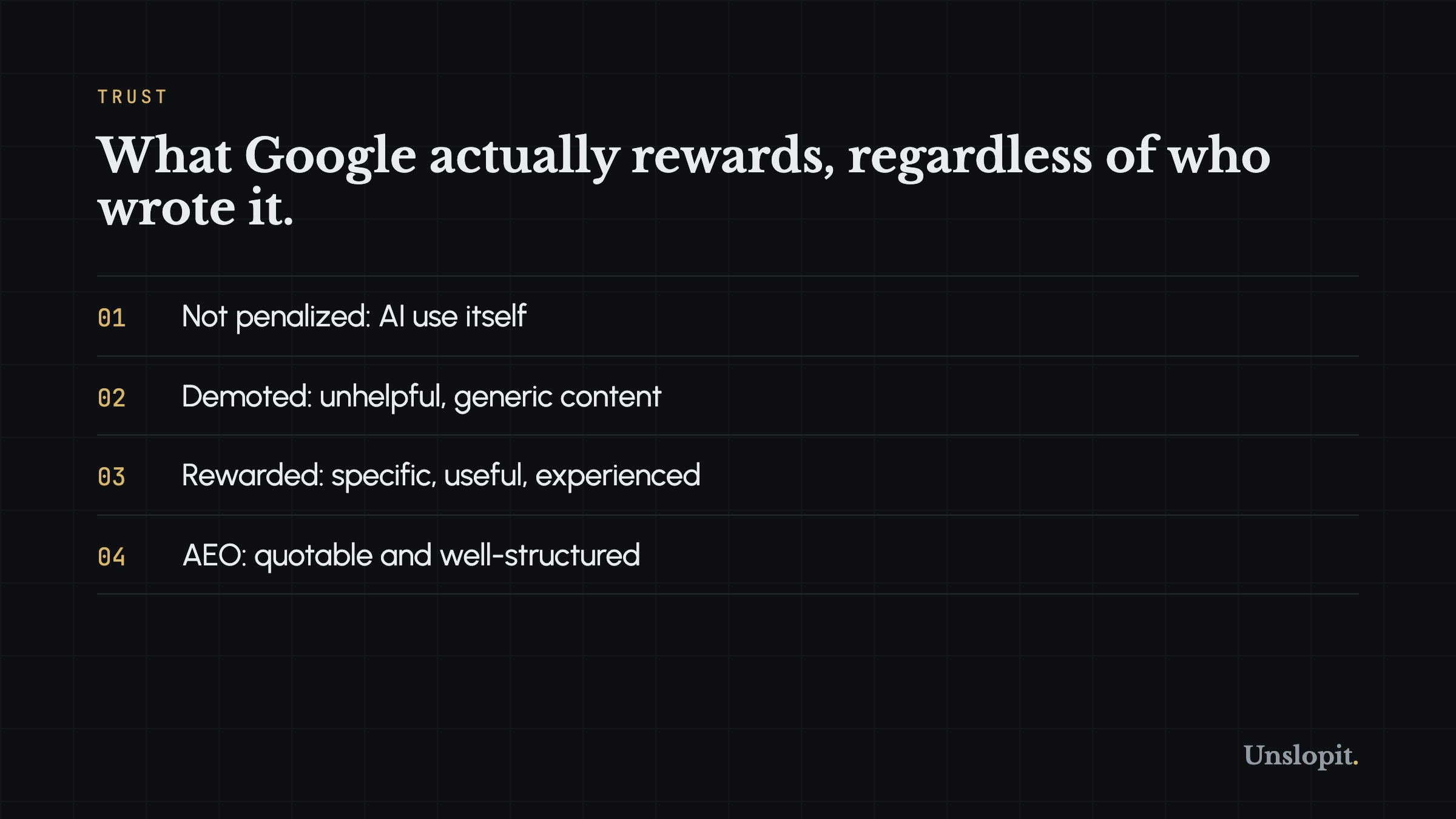Card summarizing what Google actually rewards and demotes