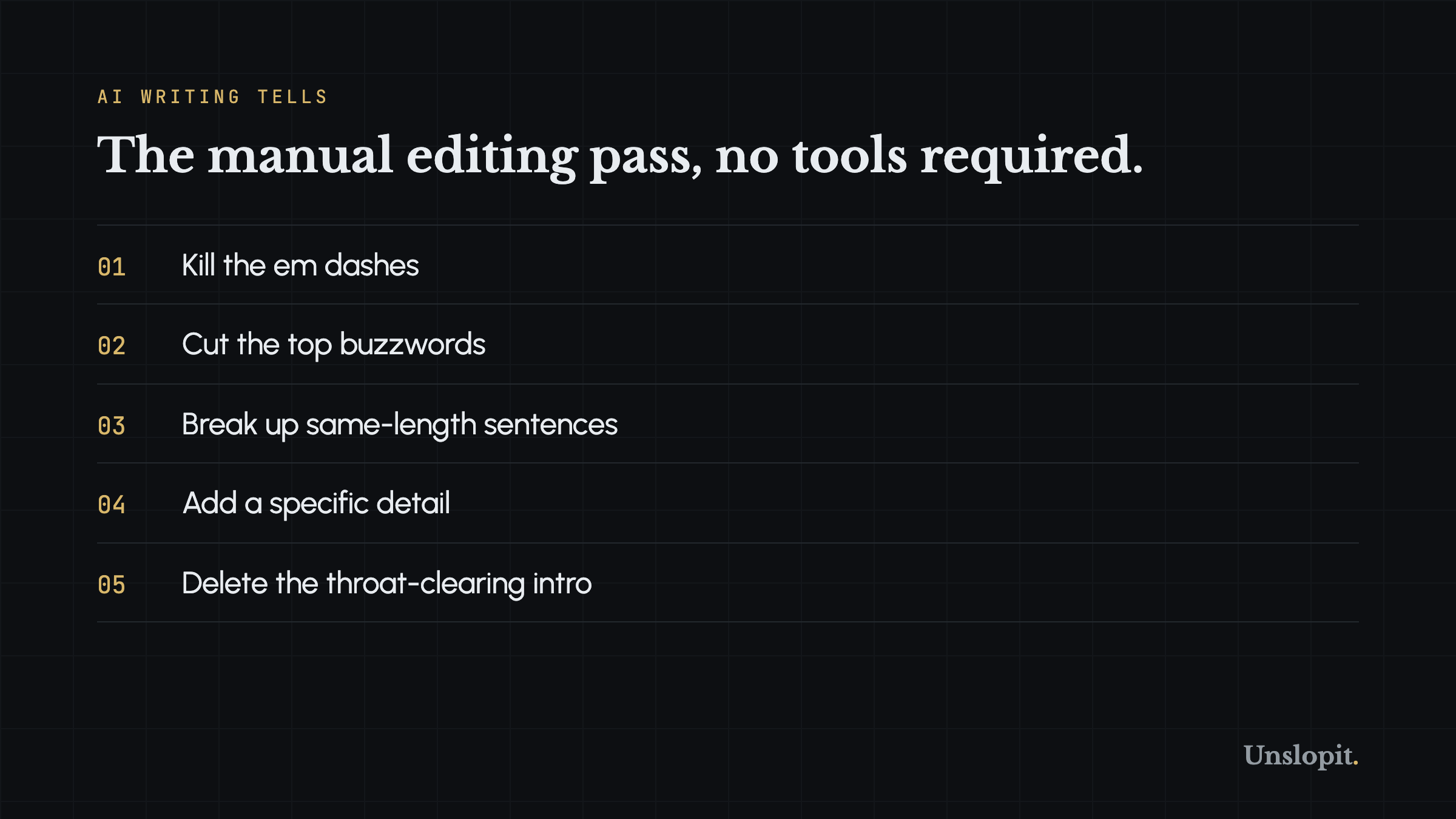 Manual editing checklist card for humanizing AI text