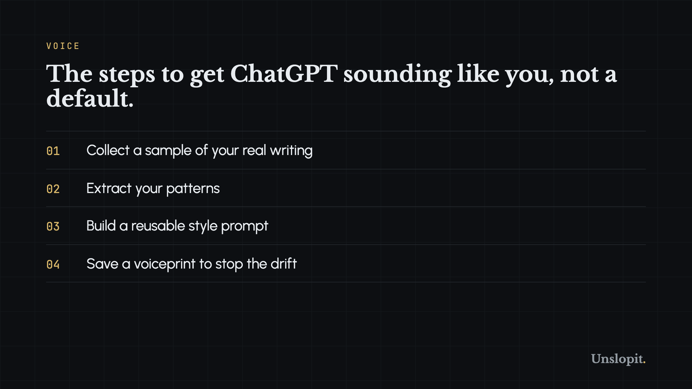 Step-by-step card for training ChatGPT to match your writing voice