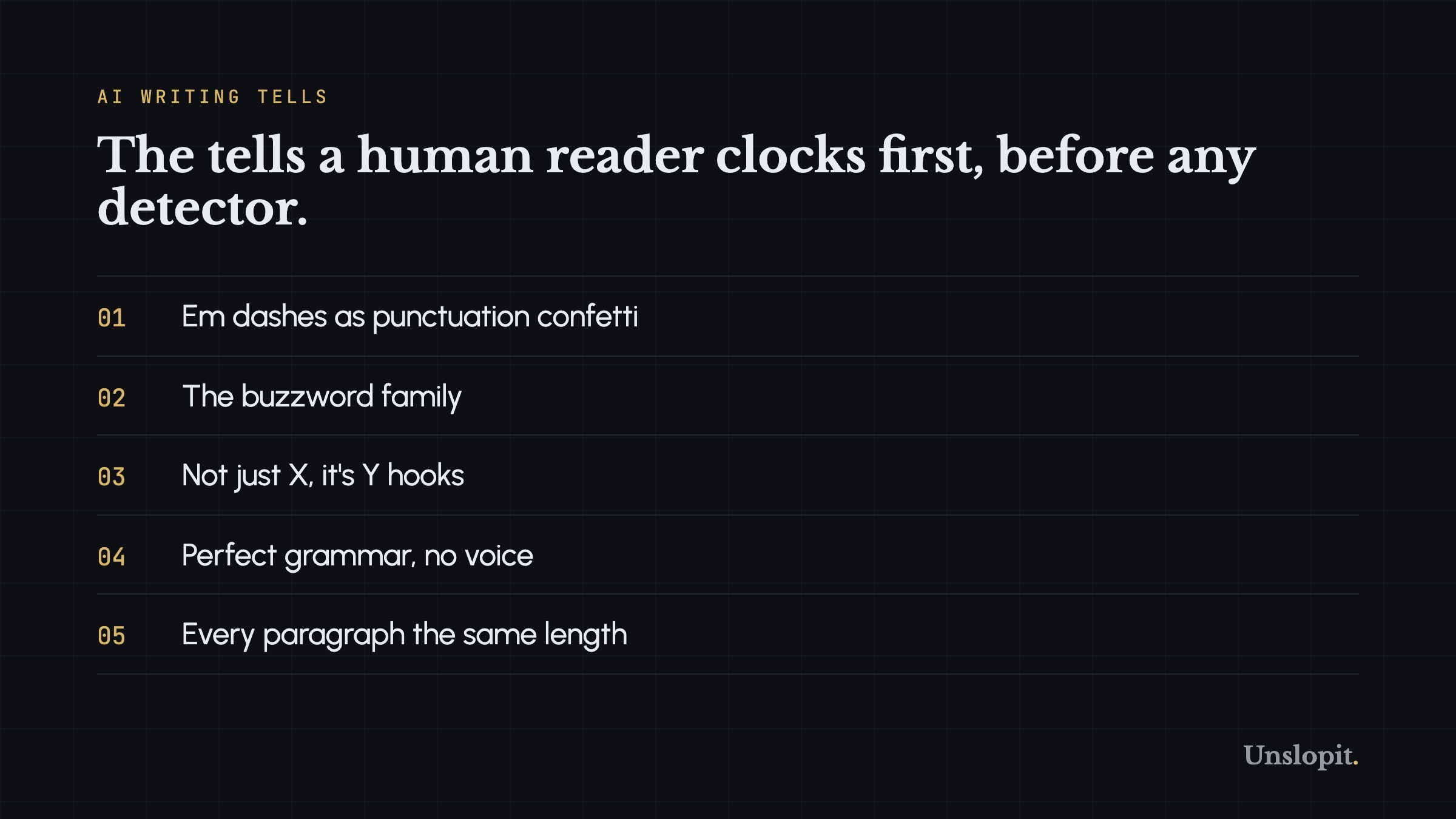 Checklist card showing the first signs a human reader notices in AI-written text