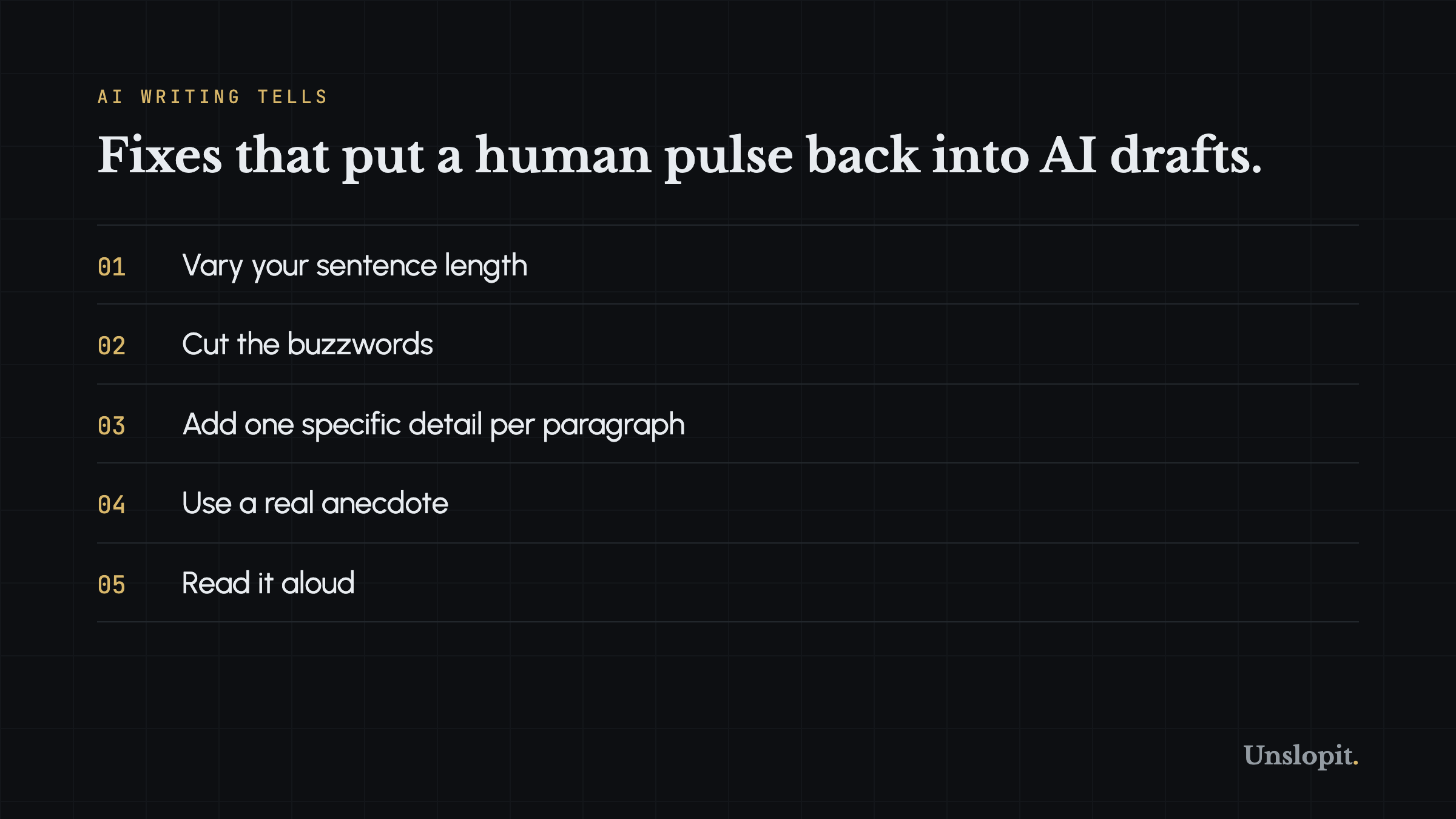 Numbered card listing ways to fix robotic AI writing