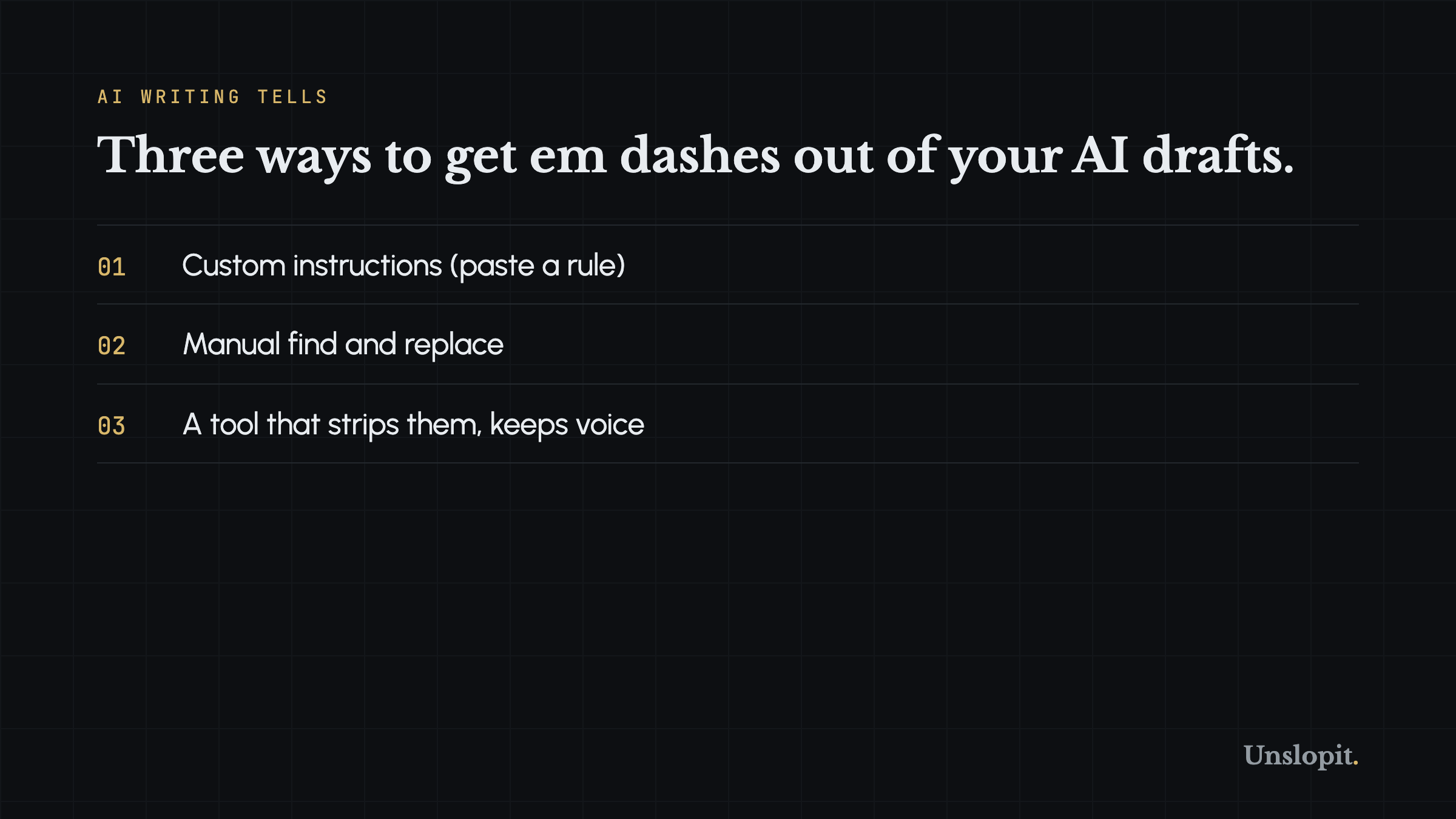 Three-step card showing how to stop ChatGPT from using em dashes